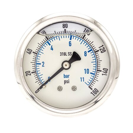 Pic Gauges 2 1/2 in Dial, 1/4 in NPT Male Center Back Location, Stainless Steel Case Material PRO-302L-254F-01